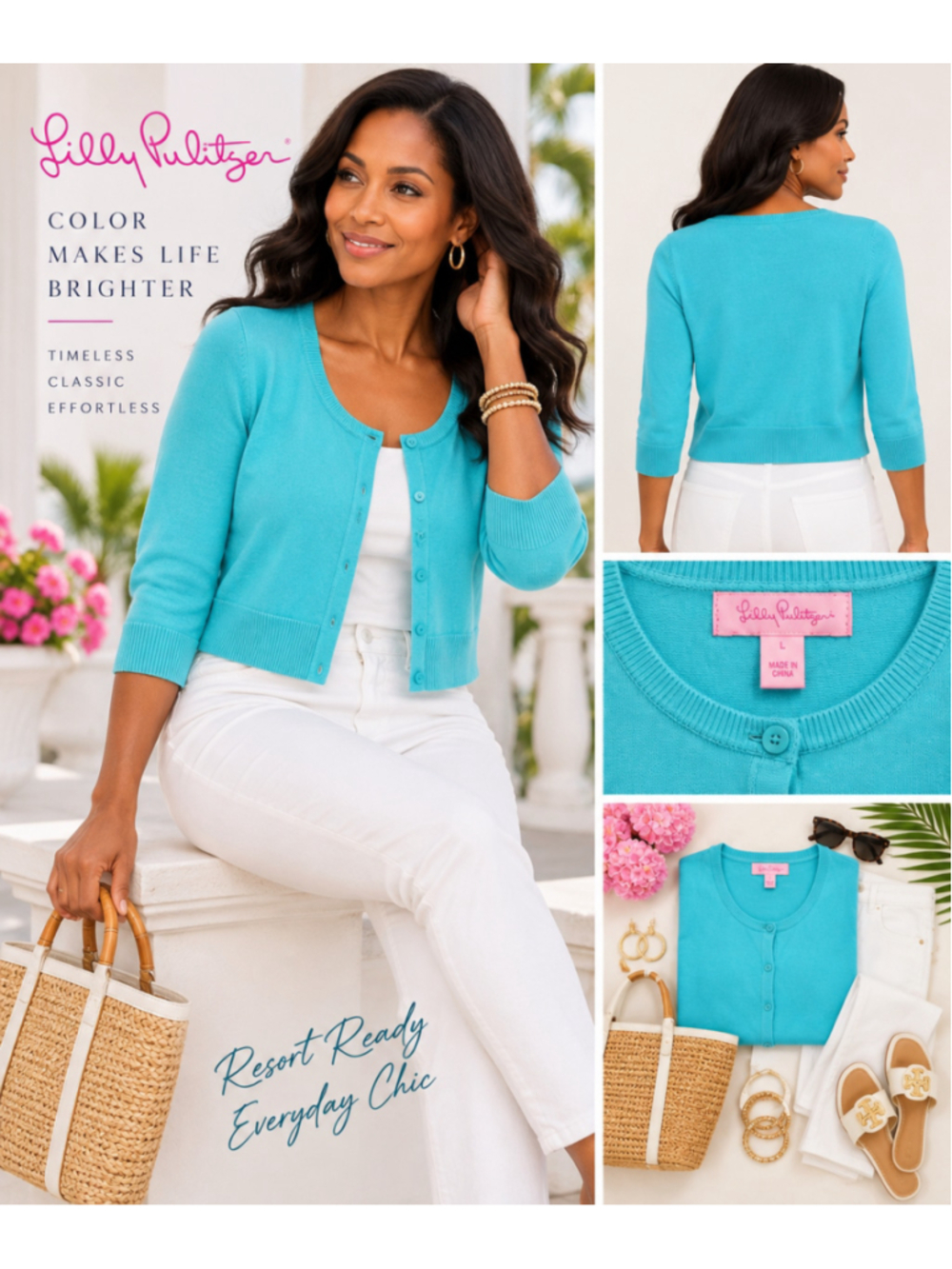 Lilly Pulitzer Turquoise Aqua Cropped Cardigan Sweater Cotton Modal Size L